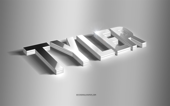 تايلر, فن 3d الفضة, خلفية رمادية, خلفيات بأسماء, اسم تايلر, بطاقة تهنئة تايلر, فن ثلاثي الأبعاد, صورة باسم تايلر