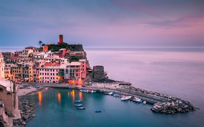 Vernazza, 4k, harbor, italian cities, coast, sea, blue water, La Spezia, Liguria, Italy, Europe