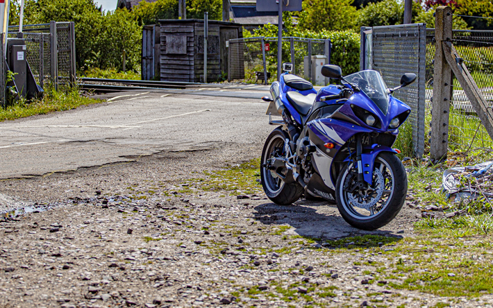 yamaha yzf-r1, 4k, vista frontale, esterno, nuova yzf-r1 blu, moto sportive giapponesi, yamaha