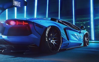 Lamborghini Aventador, tuning, night, supercars, blue Aventador, italian cars, Lamborghini
