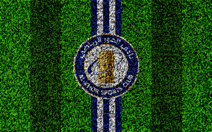 Al-Khor SC, 4k, Qatar Football Club, football lawn, logo, blue-white lines, grass texture, Qatar Stars League, Premier League, Al Khor, Qatar, Q-League, football