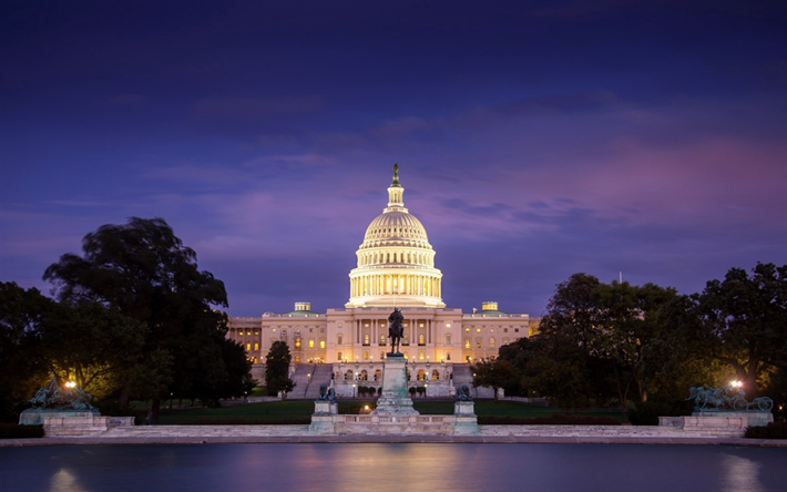 Capitolio, Washington, 4 de julio, por la noche, USA, puesta de sol, noche, cielo