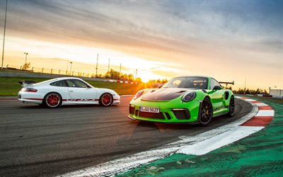 911 4k, Porsche 911 GT3 RS, Yarış Pisti, 2019 arabalar, s&#252;per arabalar, G&#252;n batımı, Porsche, yeşil Porsche