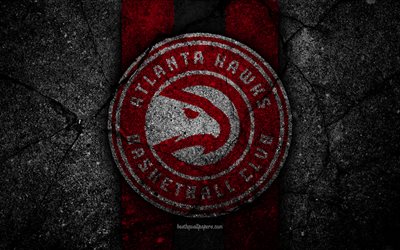 Atlanta Hawks de la NBA, 4k, logotipo, piedra negra, de baloncesto, de la Conferencia este, asfalto textura, estados UNIDOS, creativo, club de baloncesto, Halcones de Atlanta logotipo
