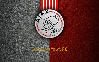 AjaxでのケープタウンFC, 4k, 革の質感, 白赤ライン, ロゴ, 南アフリカのサッカークラブ, エンブレム, プレミアサッカーリーグ, PSL, ケープタウン, 南アフリカ, サッカー