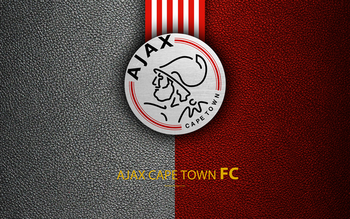 Ajax Cape Town FC, 4k, du cuir &#224; la texture, &#224; blanc, des lignes rouges, logo, Sud-Africaine de Football Club, l&#39;embl&#232;me, le Premier Soccer League, PSL, Cape Town, Afrique du Sud, le football