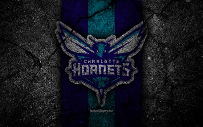 Charlotte Hornets, NBA, 4k, logo, musta kivi, koripallo, It&#228;isen Konferenssin, asfaltti rakenne, USA, luova, basketball club, Charlotte Hornets-logo
