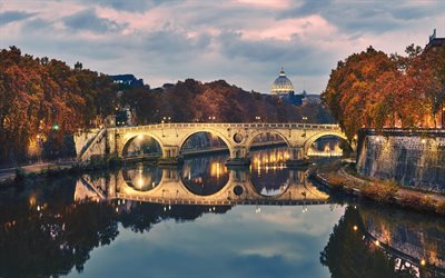 Ponte Sisto, Rooma, illalla, kaupungin valot, Tiber-Joen, vanha silta, Italia
