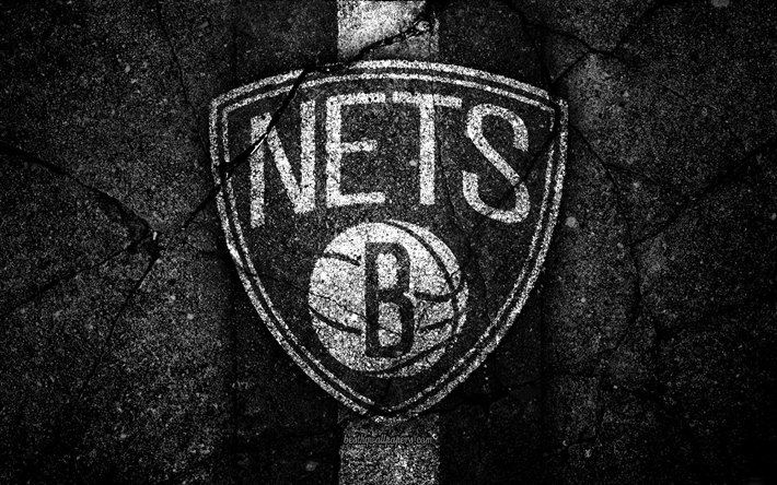 Brooklyn Nets, NBA, 4k, logo, black stone, basketball, Eastern Conference, asphalt texture, USA, creative, basketball club, Brooklyn Nets logo