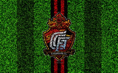 Geongnam FC, 4k, le logo, la texture d&#39;herbe, Sud-cor&#233;en du club de football, le logo rouge noir lignes de, football de la pelouse, K de la Ligue 1, Changwon, Cor&#233;e du Sud, le football