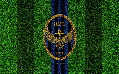 Incheon United FC, 4k, logo, grass texture, South Korean football club, blue black lines, football lawn, K League 1, Incheon, South Korea, football