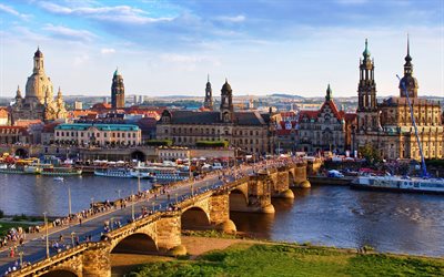 Augustus Bridge, Dresdens Gamla Stan, floden Elbe, kv&#228;ll, sunset, gamla bron, Dresden, sev&#228;rdheter, Tyskland, gamla staden, turism, Sachsen