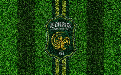 Jeonbuk Hyundai Motors FC, 4k, logo, grass texture, South Korean football club, green lines, football lawn, K League 1, Jeonju, South Korea, football