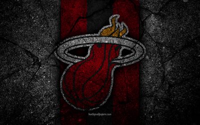 Miami Heat, NBA, 4k, logo, siyah taş, basketbol, Doğu Konferansı, asfalt doku, ABD, yaratıcı, basketbol kul&#252;b&#252;, Miami Heat logosu