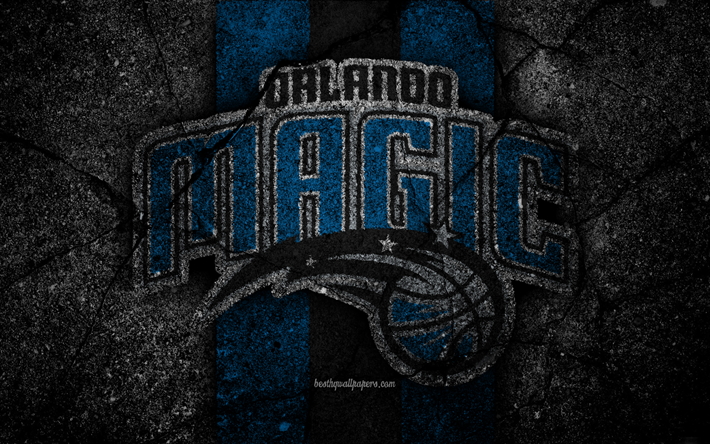 Orlando Magic, NBA, 4k, logotyp, svart sten, basket, Eastern Conference, asfalt konsistens, USA, kreativa, basket klubb, Orlando Magic logotyp