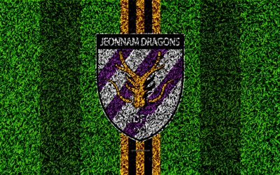 Jeonnam Dragons FC, 4k, logo, grass texture, South Korean football club, yellow black lines, football lawn, K League 1, Kwangyang, South Korea, football
