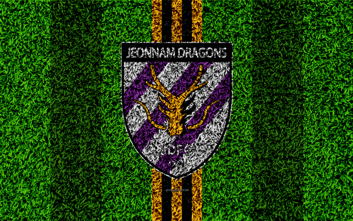 Jeonnam Dragons FC, 4k, le logo, la texture d&#39;herbe, Sud-cor&#233;en du club de football, le logo jaune noir lignes de, football de la pelouse, K de la Ligue 1, Kwangyang, la Cor&#233;e du Sud de football