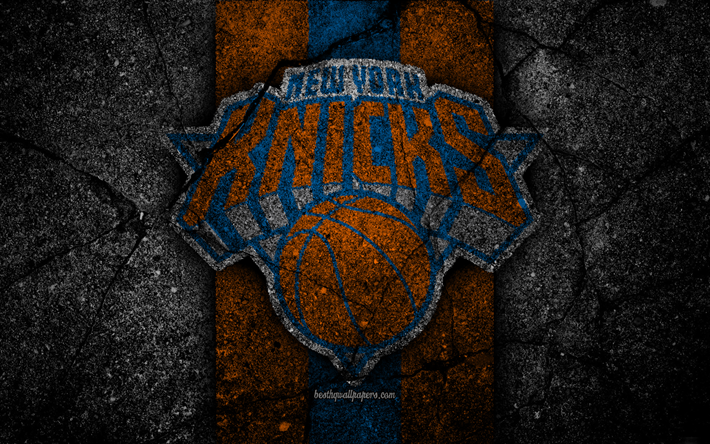 New York Knicks, NBA, 4k, logotyp, svart sten, basket, Eastern Conference, asfalt konsistens, USA, kreativa, basket klubb, New York Knicks logotyp