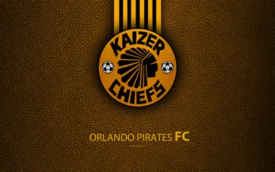 Kaizer Chiefs FC, 4k, textura de cuero, logotipo, sud&#225;frica, club de f&#250;tbol, naranja l&#237;neas de color negro, con el emblema de la Premier Soccer League, PSL, Johannesburgo, el f&#250;tbol