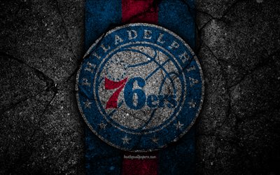 Philadelphia 76ers, NBA, 4k, logo, black stone, basketball, Eastern Conference, asphalt texture, USA, creative, basketball club, Philadelphia 76ers logo