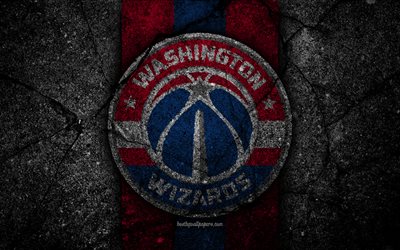 Washington Wizards, NBA, 4k, logo, black stone, basketball, Eastern Conference, asphalt texture, USA, creative, basketball club, Washington Wizards logo