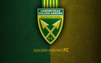 Lamontville Golden Arrows FC, 4k, leather texture, logo, South African football club, yellow green lines, emblem, Premier Soccer League, PSL, Durban, South Africa, football