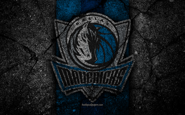 Dallas Mavericks, NBA, 4k, logo, black stone, basketball, Western Conference, asphalt texture, USA, creative, basketball club, Dallas Mavericks logo