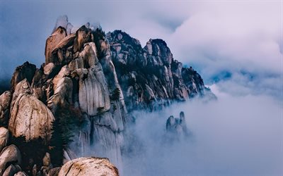 South Korea, mountain peak, fog, clouds, Asia