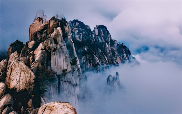 Coreia Do Sul, pico da montanha, nevoeiro, nuvens, &#193;sia