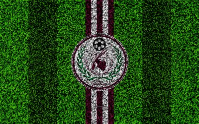 Al-Markhiya SC, 4k, Qatar Football Club, football lawn, logo, purple white lines, grass texture, Qatar Stars League, Premier League, Doha, Qatar, Q-League, football