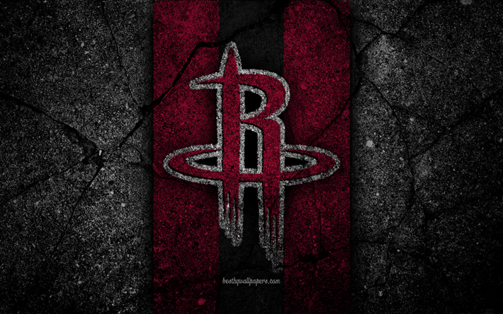 Houston Rockets, NBA, 4k, logo, musta kivi, koripallo, L&#228;ntisen Konferenssin, asfaltti rakenne, USA, luova, basketball club, Houston Rockets-logo