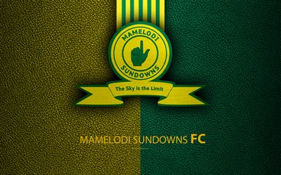 Mamelodi Sundowns FC, 4k, جلدية الملمس, شعار, جنوب أفريقيا لكرة القدم, الأصفر خطوط خضراء, الممتاز لكرة القدم, ااا, بريتوريا, جنوب أفريقيا, كرة القدم