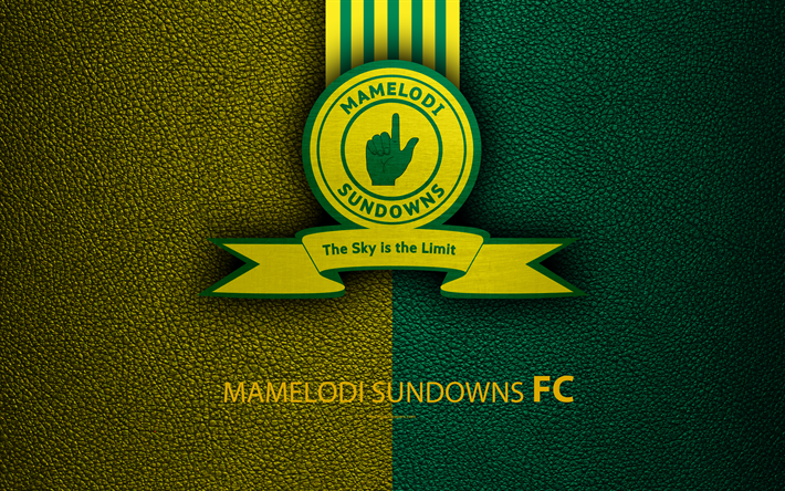 Mamelodi Sundowns FC, 4k, textura de cuero, logotipo, sud&#225;frica, club de f&#250;tbol, amarillo, verde l&#237;neas, el emblema, la Premier Soccer League, PSL, Pretoria, el f&#250;tbol