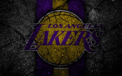 Los Angeles Lakers, NBA, 4k, logo, siyah taş, basketbol, Batı Konferansı, asfalt doku, ABD, yaratıcı, basketbol kul&#252;b&#252;, Los Angeles Lakers logosu