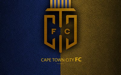 ケープタウン市にFC, 4k, 革の質感, ロゴ, 南アフリカのサッカークラブ, 青黄色のライン, エンブレム, プレミアサッカーリーグ, PSL, ケープタウン, 南アフリカ, サッカー
