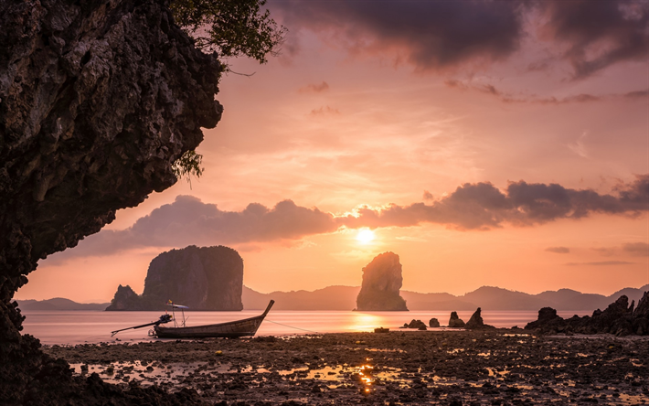 Krabi, Hong Islas, puesta de sol, noche, una isla tropical, playa, Tailandia