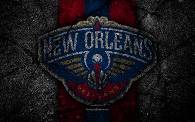 New Orleans Pelicans, NBA, 4k, logo, musta kivi, koripallo, L&#228;ntisen Konferenssin, asfaltti rakenne, USA, luova, basketball club, New Orleans Pelicans-logo