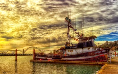 Heidi Sue, pier, sunset, fishing vessel, HDR