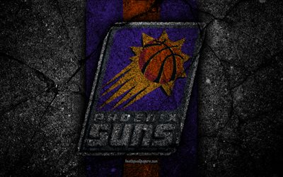 Phoenix Suns, NBA, 4k, logo, musta kivi, koripallo, L&#228;ntisen Konferenssin, asfaltti rakenne, USA, luova, basketball club, Phoenix Suns logo