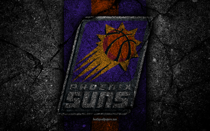 Phoenix Suns, NBA, 4k, logo, siyah taş, basketbol, Batı Konferansı, asfalt doku, ABD, yaratıcı, basketbol kul&#252;b&#252;, Phoenix Suns logosu