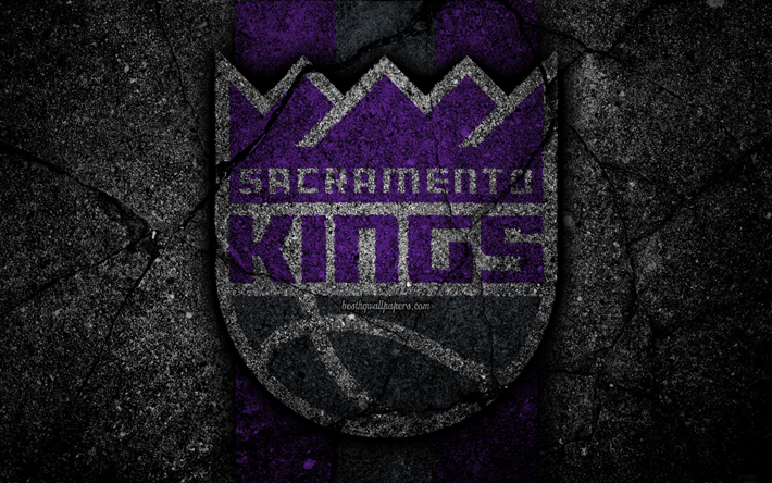 Sacramento Kings, NBA, 4k, logotyp, svart sten, basket, V&#228;stra Konferensen, asfalt konsistens, USA, kreativa, basket klubb, Sacramento Kings logotyp