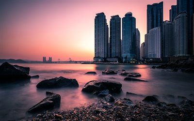 Busan, Dongbaek Parco, tramonto, baia, grattacieli, architettura moderna, Corea del Sud