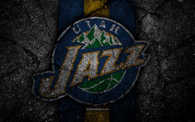 Utah Jazz, NBA, 4k, logo, black stone, basketball, Western Conference, asphalt texture, USA, creative, basketball club, Utah Jazz logo