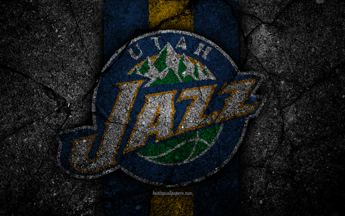 Utah Jazz, NBA, 4k, logo, musta kivi, koripallo, L&#228;ntisen Konferenssin, asfaltti rakenne, USA, luova, basketball club, Utah Jazz-logo