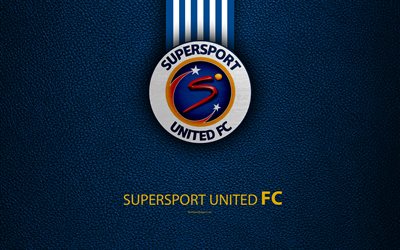 SuperSport United FC, 4K, textura de cuero, logotipo, sud&#225;frica, club de f&#250;tbol, el blanco de las l&#237;neas azules, el escudo, el Premier de la Liga de F&#250;tbol, PSL, Pretoria, el f&#250;tbol