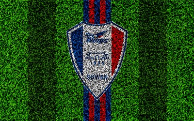 Suwon Samsung Bluewings FC, 4k, logo, grass texture, South Korean football club, blue red lines, football lawn, K League 1, Suwon, South Korea, football