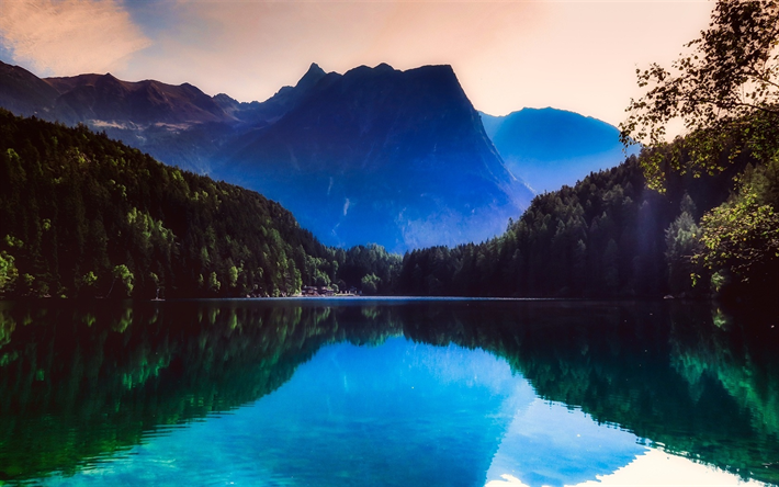 Austria, mountains, Alps, sunset, lake, forest, Europe
