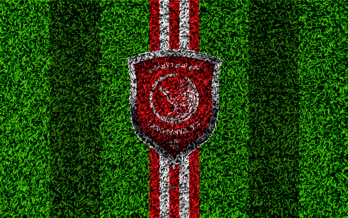 Al-Duhail SC, 4k, Qatar Futebol Clube, futebol gramado, logo, vermelho branco linhas, grama textura, A Qatar Stars League, Premier League, Doha, Catar, Q-League, futebol