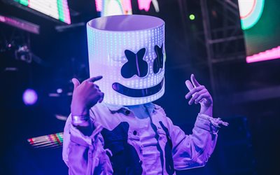 Marshmello, neon lights, night club, DJ, superstars, DJ Marshmello, DJs