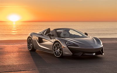 McLaren 570S Araign&#233;e, 2018, coup&#233; sport, roadster, supercar, la c&#244;te, coucher de soleil, couleur argent 570S, voitures de sport Britanniques, McLaren